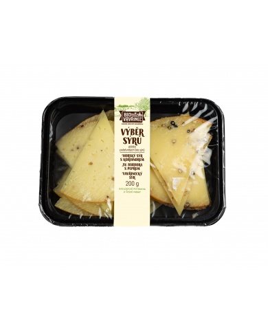 Výběr polotvrdých sýrů, Sýr sv. Babrora s pepřem, Horský sýr s koriandrem, Vavřinecký sýr, 200 g