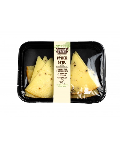 Výběr polotvrdých sýrů, Sýr sv. Babrora s pepřem, Horský sýr s koriandrem, Vavřinecký sýr, 100 g