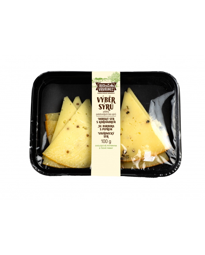 Výběr polotvrdých sýrů, Sýr sv. Babrora s pepřem, Horský sýr s koriandrem, Vavřinecký sýr, 100 g