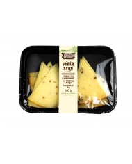 Výběr polotvrdých sýrů, Sýr sv. Babrora s pepřem, Horský sýr s koriandrem, Vavřinecký sýr, 100 g